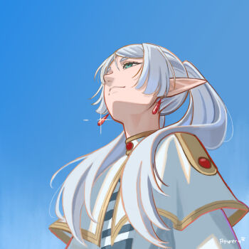 1girl absurdres afureru_colors artist_name blue_sky capelet closed_mouth commentary earrings elf frieren green_eyes highres jewelry long_hair looking_up meme pointy_ears sky solo sousou_no_frieren twintails upper_body upward_angle_frieren_drawing_(meme) white_capelet white_hair