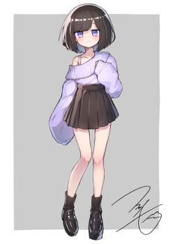 Rule 34 | 1girl, :3, absurdres, black socks, bob cut, brown hair, casual, commentary request, fukutchi, full body, hand on own chest, highres, kouhai-chan (fukutchi), light blush, long sleeves, low block heels, medium hair, off shoulder, original, pleated skirt, purple eyes, shoes, signature, skirt, socks, solo, two-tone background