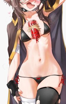 1girl bandaged_leg bandages bikini black_bikini blush breasts female_pubic_hair gloves highres kono_subarashii_sekai_ni_shukufuku_wo! medium_hair megumin monster_energy navel open_mouth pubic_hair sidelocks small_breasts solo swimsuit thighhighs waligner