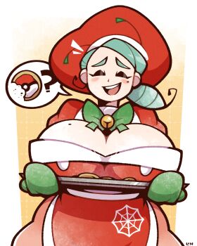 1girl :d ? alternate_breast_size_(larger) awkward blush_stickers bow breasts christmas cleavage commentary cookie cowboy_shot curvy facing_viewer food green_bow green_hair green_mittens grid_background hat highres holding holding_tray huge_breasts katy_(pokemon) legendofnerd medium_hair mittens mole mole_on_breast mole_under_eye nintendo open_mouth patissier pokemon pokemon_sv red_hat signature smile solo speech_bubble standing teeth tray upper_teeth_only white_background wide_hips yellow_background