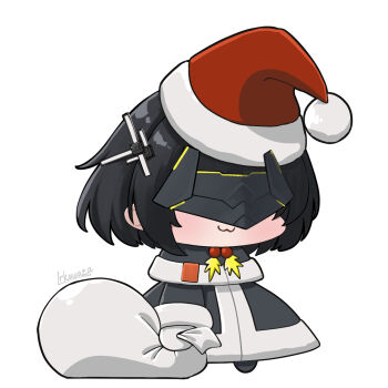 1girl :3 arknights arknights:_endfield bag black_hair capelet chibi chibi_only christmas closed_mouth commentary endministrator_(arknights) english_commentary eye_mask female_endministrator_(arknights) full_body fur-trimmed_capelet fur-trimmed_headwear fur-trimmed_jacket fur_trim gloves grey_capelet grey_jacket grey_santa_costume hair_ornament hat highres holding holding_bag holding_sack holly irkawaza jacket long_sleeves mask meme padoru_(meme) red_hat sack santa_costume santa_hat short_hair signature simple_background smile solo standing white_background white_gloves