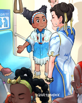 bald bangle black_hair bracelet brown_hair bus_interior capcom chinese_clothes chun-li dark-skinned_female dark_skin dhalsim double_bun hair_bun hand_grip highres holding_hand_grip jewelry kimberly_jackson lily_hawk multiple_girls necklace quasimodox smile street_fighter street_fighter_6 street_fighter_ii_(series) sweat