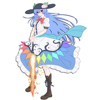 Rule 34 | 1girl, absurdres, black hat, blue hair, boots, bow, bowtie, brown boots, commentary, dress, fire, flaming sword, flaming weapon, frilled skirt, frills, full body, hat, highres, hinanawi tenshi, knee boots, lace-up boots, long hair, looking at viewer, peach hat ornament, puffy short sleeves, puffy sleeves, red bow, red bowtie, red eyes, shirt, short sleeves, simple background, skirt, smile, solo, sword, touhou, weapon, white background, white shirt, zaguromaru