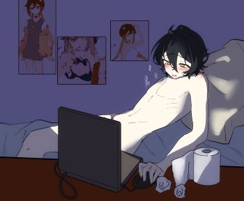 1boy black_hair completely_nude computer degrees_of_lewdity green_eyes highres kylar_(degrees_of_lewdity) laptop male_focus male_masturbation masturbation nude on_bed sitting tissue you_niao