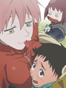 Rule 34 | 1boy, 2girls, age difference, between breasts, blue eyes, blush, breast focus, breasts, embarrassed, flcl, grass, green eyes, hair between eyes, haruhara haruko, head between breasts, highres, medium breasts, multiple girls, nandaba naota, onee-shota, open mouth, pink hair, pink punk ponk, samejima mamimi, school uniform, skirt, teeth, tongue, tongue out