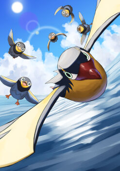 absurdres aqua_sclera beak bird black_eyes blue_sky bright_pupils cloud colored_sclera commentary_request flying highres jira_(ziraiya26) kilowattrel lens_flare nintendo no_humans pokemon pokemon_(creature) sky water wattrel white_pupils wings