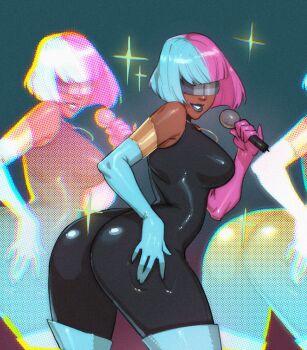 1girl ass black_bodysuit black_lips blue_boots blue_gloves blue_hair bodysuit boots breasts covered_eyes dark-skinned_female dark_skin dispatch gloves highres holding holding_microphone kukumomo large_breasts microphone multicolored_hair multiple_views pink_hair prism_(dispatch) sleeveless sleeveless_bodysuit sparkle split-color_hair thigh_boots two-tone_hair very_dark_skin