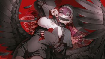 1girl arm_up black_coif black_dress black_romper black_wings blush braid braided_bangs breasts capelet cleavage coif criss-cross_straps dress ear_chain framed_breasts gem grey_capelet hair_between_eyes head_wings high-waist_shorts jewelry konkon_aria large_breasts linked_piercing long_hair long_sleeves looking_at_viewer low-tied_sidelocks low_wings lying neo-porte nun on_back piercing purple_eyes purple_gemstone red_background red_hair romper shica_deer shirt shorts sidelocks solo spiked_sleeves virtual_youtuber wings