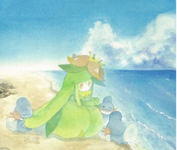 beach biting cloud cloudy_sky commentary_request fins flower gen_3_pokemon gen_5_pokemon highres lilligant monster_girl mudkip no_mouth ocean orange_eyes orange_flower plant_girl shore sky