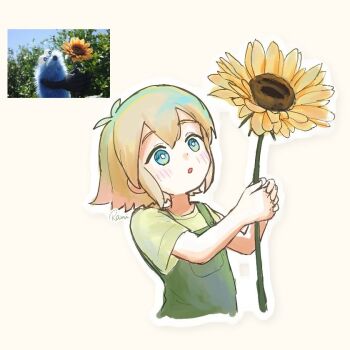 Rule 34 | 1boy, aged down, alternate costume, antenna hair, artist name, basil (faraway) (omori), basil (omori), blonde hair, blue eyes, blush, bright pupils, commentary request, double-parted bangs, flower, green overalls, green shirt, hair between eyes, holding, holding flower, male focus, omori, overalls, parted lips, photo-referenced, rami 1300, reference inset, shirt, short hair, short sleeves, sidelocks, simple background, solo, sunflower, t-shirt, white background, white pupils