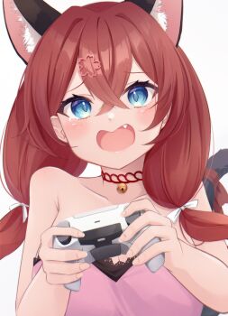 1girl animal_ear_fluff animal_ears bare_arms bare_shoulders bell blue_eyes brown_hair cat_ears cat_girl cat_tail collarbone commentary_request controller dress fang game_controller hair_between_eyes highres holding hot_kakigoori indie_virtual_youtuber izumo_yui jingle_bell long_hair low_twintails neck_bell open_mouth pink_dress simple_background solo strapless strapless_dress tail twintails upper_body virtual_youtuber wavy_mouth white_background