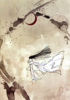 1girl absurdres black_hair clamp crescent_moon female_focus highres japanese_clothes kimono lipstick long_hair makeup moon official_art princess red_moon sash shirahime shirahime_sho snow solo very_long_hair white_kimono white_theme wind yuki_onna