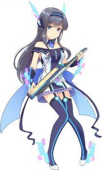1girl bare_shoulders black_hair blue_eyes blue_hairband blue_necktie blue_thighhighs blush breasts closed_mouth detached_collar dress full_body game_cg garter_straps hairband highres holding holding_instrument instrument long_hair looking_at_viewer medium_breasts misumi_aoi necktie non-web_source off-shoulder_dress off_shoulder official_art ongeki pleated_skirt shoes short_dress short_necktie simple_background skirt smile solo split_mouth thighhighs transparent_background very_long_hair white_shoes