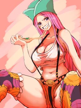 1girl bare_shoulders breasts cleavage commentary crop_top cutterhappa eating food green_hat grin hat highres holding holding_food holding_pizza jewelry_bonney large_breasts long_hair midriff navel one_piece over-kneehighs piercing pink_hair pizza pizza_slice purple_eyes red_lips shirt shorts sleeveless sleeveless_shirt smile solo suspenders teeth thighhighs white_shirt
