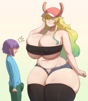 1boy 1girl absurdres adapted_costume bare_shoulders baseball_cap blonde_hair blue_shirt breasts bulge cleavage closed_eyes closed_mouth collarbone covered_erect_nipples cowboy_shot curvy dragon_horns erection erection_under_clothes gradient_background gradient_hair green_hair green_pants hat highres horns huge_breasts kobayashi-san_chi_no_maidragon long_sleeves lucoa_(maidragon) magatsuchi_shouta multicolored_hair navel open_fly pants shirt short_shorts shorts size_difference skindentation smile standing strapless thick_thighs thighhighs thighs triagorodri tube_top underboob