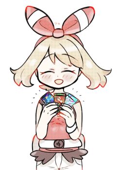 akicorn24 altaria bike_shorts bike_shorts_under_shorts blaziken brown_hair card closed_eyes gen_1_pokemon gen_3_pokemon gyarados hairband highres holding holding_card may_(pokemon) mega_altaria mega_blaziken mega_gyarados mega_pokemon mega_ring nintendo open_mouth pokemon pokemon_oras pokemon_tcg pokemon_tcg_pocket red_hairband red_shirt shirt shorts smile