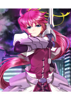 Rule 34 | 1girl, absurdres, armor, armored dress, blue eyes, dress, gauntlets, hair ribbon, highres, holding, holding sword, holding weapon, laevatein (nanoha), long hair, looking at viewer, lyrical nanoha, mahou shoujo lyrical nanoha, mahou shoujo lyrical nanoha a's, mahou shoujo lyrical nanoha the movie 2nd a's, mikazuki akira!, night, outdoors, ponytail, purple hair, ribbon, signum, solo, sword, weapon, weiss schwarz, yellow ribbon