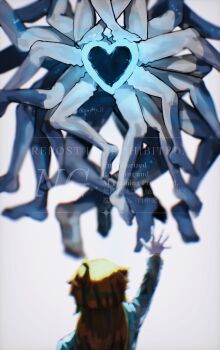2others absurdres blue_star blue_theme blurry blurry_foreground coat extra_legs full_body glowing graysky_13 green_coat heart highres lobotomy_corporation multiple_others nugget_(project_moon) orange_hair project_moon reaching reaching_towards_another simple_background watermark white_background