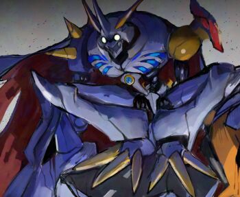 Rule 34 | armor, cape, commentary request, dakusuta, digimon, digimon (creature), full body, grey background, highres, mecha, omegamon, red cape, robot, solo, two-sided cape, two-sided fabric, white armor, white cape