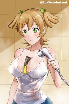 1girl artist_name bathroom between_breasts blonde_hair blush box_wonderland breasts cellphone censored_nipples cleavage daiba_nana green_eyes highres indoors iphone large_breasts object_between_breasts parted_lips phone see-through_clothes shirt short_hair shoujo_kageki_revue_starlight shower_head showering smartphone solo sparkle standing tiles twintails wet wet_clothes wet_shirt