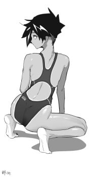 1girl absurdres ass back_cutout barefoot chinese_commentary clothing_cutout commentary competition_swimsuit dated expressionless from_behind greyscale highres kneeling li_xiahua_(prisoners_book) light-skinned_soles looking_to_the_side monochrome one-piece_swimsuit original prisoners_book_(artist) short_hair signature soles solo swimsuit tan tanline tomboy