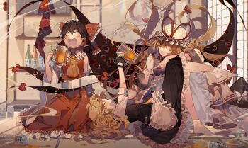 3girls ;) absurdly_detailed_composition alcohol apron artist_name asahi_breweries ascot beer beer_can black_gloves black_hair black_hat black_skirt blonde_hair bottle bow can closed_eyes commentary_request copyright_name cup detached_sleeves dress drink_can drinking_glass drunk duplicate gap_(touhou) gloves hair_bow hair_tubes hakurei_reimu hat hat_bow hat_ribbon heart holding index_finger_raised indoors kawacy kirisame_marisa loaded_interior long_hair lying mob_cap multiple_girls on_back one_eye_closed open_mouth red_bow red_ribbon red_skirt ribbon ribbon-trimmed_sleeves ribbon_trim sitting skirt skirt_set smile socks spill tabard touhou unworn_hat unworn_headwear vest white_bow white_dress white_hat white_socks witch_hat yakumo_yukari yellow_ascot