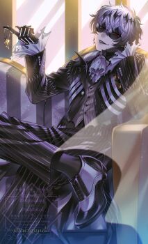 1boy aogiyuki diamond_hairband formal_clothes gloves highres jacket long_sleeves looking_at_viewer male_focus pinstripe_jacket pinstripe_pattern pinstripe_suit round_eyewear short_hair skeleton skully_j._graves smile solo striped_clothes striped_jacket striped_vest suit the_nightmare_before_christmas twisted_wonderland vertical-striped_clothes vertical-striped_jacket vertical-striped_vest vest white_hair