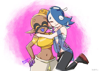 2girls black_pants black_socks blonde_hair blue_hair blue_shawl breasts chest_sarashi closed_eyes closed_mouth colored_eyelashes colored_tips commentary_request crop_top dark-skinned_female dark_skin dated earrings frye_(deep_cut_outfit)_(splatoon) frye_(splatoon) hair_over_one_eye hairband hand_on_own_hip harem_pants hug inkling jewelry large_breasts long_hair looking_at_viewer multicolored_hair multiple_earrings multiple_girls navel nintendo octoling okobo pants pink_background pink_lips platform_sandals purple_hair red_eyes sandals sarashi shawl shiver_(deep_cut_outfit)_(splatoon) shiver_(splatoon) short_eyebrows signature smile socks somakusha splatoon_(series) splatoon_3 tabi tentacle_hair thick_eyebrows tooth_earrings torn_clothes torn_pants two-tone_hair white_background white_hairband white_pants yellow_shawl