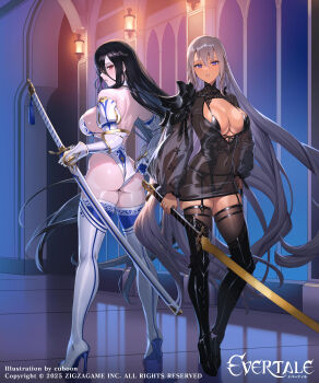 2girls absurdres armor artist_name ass black_boots black_hair boots breasts character_request cleavage copyright_name copyright_notice covered_navel cuboon evertale grey_hair high_heel_boots high_heels highres holding holding_sword holding_weapon huge_ass huge_breasts leotard long_hair multiple_girls parted_lips pauldrons purple_eyes red_eyes reflective_floor see-through_clothes shoulder_armor single_pauldron sword tan thigh_boots weapon white_boots white_leotard