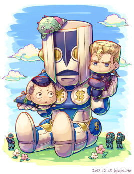 4boys bad_company_(stand) bad_id bad_pixiv_id black_hair blonde_hair blue_eyes chibi dollar_sign dyresbroom earrings family flattop flower gakuran grey_hair jewelry jojo_no_kimyou_na_bouken male_focus mini_person miniboy multicolored_hair multiple_boys nijimura&#039;s_father nijimura_keicho nijimura_okuyasu pompadour school_uniform sitting sky stand_(jojo) the_hand_(stand) two-tone_hair yen_sign