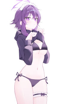 1girl absurdres bikini black_bikini blue_archive breasts cowboy_shot haruka_(blue_archive) highres legband looking_at_viewer medium_breasts navel purple_eyes purple_hair simple_background solo swimsuit thigh_gap white_background yagen_(user_mxur3238)