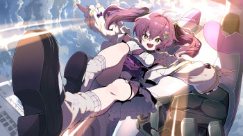 Rule 34 | 1girl, ahoge, black ribbon, black shoes, blue sky, cloud, cloudy sky, commentary request, dress, fang, from below, green eyes, hair ornament, hair ribbon, highres, jacket, kuchiba rami, loose socks, mecha, multicolored dress, muv-luv, muv-luv girls garden, open clothes, open jacket, open mouth, outdoors, outstretched arms, purple dress, purple hair, ribbon, robot, shoes, sky, sleeveless, sleeveless dress, socks, solo, spread pussy, syope, thigh strap, twintails, white dress, white jacket