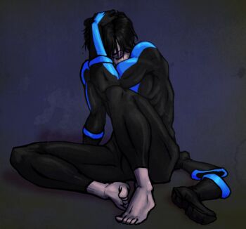 1boy arm_support barefoot batman_(series) black_hair bodysuit dc_comics dick_grayson closed_eyes gloves hand_on_head head_rest male_focus nightwing short_hair sitting solo