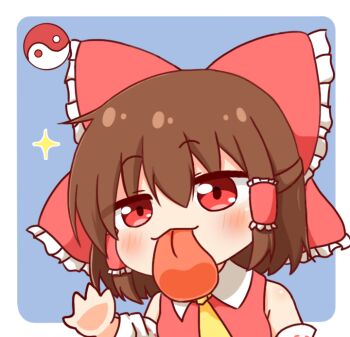 1girl blue_background blush brown_hair chibi chibi_only commentary_request hair_between_eyes hair_ribbon hakurei_reimu red_eyes red_ribbon red_shirt ribbon shirt short_hair solo tongue tongue_out touhou yige_lurenjia yin_yang