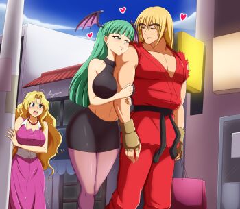 1boy 2girls alternate_costume arm_between_breasts arm_hug bag blonde_hair blush breasts capcom cheating_(relationship) cleavage crossover darkstalkers dress fingerless_gloves flirting gloves green_eyes green_hair half-closed_eyes heart highres ken_masters kmkz-art large_breasts legs long_hair midriff morrigan_aensland multiple_girls navel open_mouth pants pantyhose parted_lips peeking shopping_bag skirt smile street_fighter surprised teeth thighs tongue trembling very_long_hair