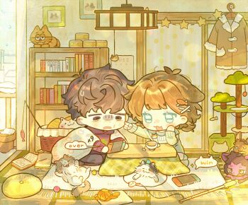 Rule 34 | 2boys, :3, :d, absurdres, animal, bai yang zi, black pants, blue eyes, blunt bangs, blush stickers, bookshelf, brown eyes, brown hair, cat, cheek poking, chibi, chibi only, day, double-parted bangs, green sweater, hair ornament, handheld game console, highres, holding, holding handheld game console, hood, hood down, hoodie, indoors, kotatsu, long sleeves, male focus, multiple boys, nintendo switch, open mouth, orange hair, original, pants, poking, red hoodie, rug, short hair, sitting, smile, sweatdrop, sweater, table, x hair ornament