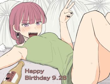 1girl birthday blush bocchi_the_rock! bottle breasts dress earrings english_text feet_out_of_frame green_dress happy_birthday hiroi_kikuri jewelry knees_up looking_at_viewer lying medium_breasts on_back open_mouth purple_eyes red_hair sharp_teeth shika_kawaii sleeveless sleeveless_dress solo sweat teeth trash_bag used_tissue v