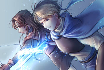 1boy 1girl blonde_hair blue_cape bow_(weapon) brown_hair cape cassini-kaya circlet closed_mouth commentary_request dress earrings flik_(suikoden) gensou_suikoden gensou_suikoden_i gloves headband highres holding holding_sword holding_weapon jewelry lightning long_hair magic odessa_silverberg short_hair skirt smile sword weapon