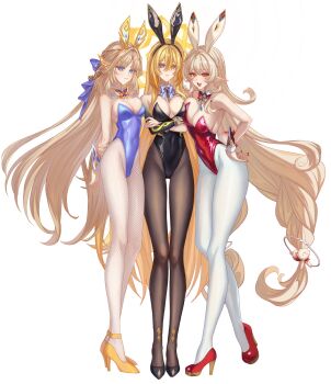 Rule 34 | 3girls, alice (genshin impact), animal ears, black leotard, black pantyhose, black shoes, blonde hair, blue eyes, boin burin, bow, bowtie, breasts, brown eyes, covered navel, crossed arms, detached collar, fake animal ears, full body, genshin impact, heterochromia, high heels, highres, large breasts, legs, leotard, long hair, long legs, looking at viewer, multiple girls, nicole reeyn, pantyhose, playboy bunny, pointy ears, purple bow, purple bowtie, rabbit ears, red bow, red bowtie, red leotard, red shoes, rhinedottir (genshin impact), shoes, simple background, strapless, strapless leotard, very long hair, white background, white pantyhose, wrist cuffs, yellow eyes