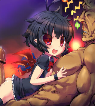 1boy 1girl age_difference ahoge ass asymmetrical_wings bar_censor black_hair blood blush breastless_clothes buttjob censored clothed_female_nude_male erection flat_chest girl_on_top grinding happy_sex heart heart_in_mouth houjuu_nue large_penis loli muscular nipples no_panties nosebleed nude open_clothes open_mouth open_shirt penis pointy_ears precum pyocopyoco red_eyes shigeryun shirt short_hair smile solo_focus thigh_sex thighhighs touhou wings wristband