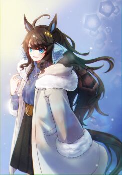 Rule 34 | 1girl, ahoge, alternate costume, animal ears, belt, blue eyes, blush, breasts, casual, coat, daring tact (umamusume), hair between eyes, hair ornament, highres, horse ears, horse girl, horse tail, jewelry, lens flare, long hair, looking at viewer, necklace, open mouth, ringozuki, simple background, star (symbol), star hair ornament, tail, umamusume, winter clothes, winter coat