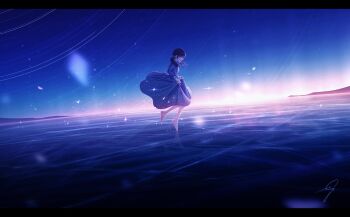 1girl absurdres blue_dress blue_eyes blue_sky dress fantasy highres letterboxed long_hair long_sleeves mountainous_horizon neck_ribbon nengoro original ribbon scenery skirt_hold sky solo standing star_(sky) star_trail twintails white_ribbon