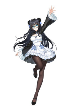 1girl absurdres arm_up black-framed_eyewear black_hair black_nails black_pantyhose black_shoes black_shrug blue_eyes bow braid breasts bun_cover cleavage closed_mouth closers collared_shrug crop_top double_bun fang full_body glasses hair_bow hair_bun hand_up high-waist_skirt highres large_breasts layered_skirt leg_up long_hair looking_at_viewer mandarin_collar mary_janes miniskirt official_art pantyhose purple_bow round_eyewear shirt shoes shrug_(clothing) side_braid skin_fang skirt skirt_bow smile solo standing standing_on_one_leg tachi-e teardrop-framed_glasses white_background white_shirt wide_sleeves yuri_seo