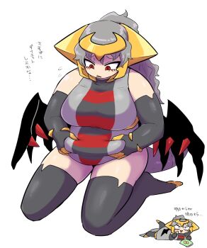 ... 1girl bare_shoulders belly_grab black_wings blush breasts commentary_request elbow_gloves fat fat_woman gen_4_pokemon giratina giratina_(altered) gloves grey_hair highres kasugai_(de-tteiu) large_breasts legendary_pokemon long_hair maiden_(kasugai_(de-tteiu)) multiple_views nintendo parted_lips personification pokemon red_eyes simple_background sleeveless sweatdrop tail thick_arms thick_thighs thighhighs thighs translation_request tsurime white_background wings