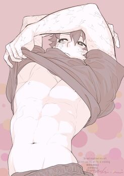 1boy absurdres artist_name blush boku_no_hero_academia closed_mouth clothes_lift commentary freckles hair_between_eyes highres lifting_own_clothes looking_to_the_side male_focus midoriya_izuku monochrome muscular muscular_male navel nipples oroshi_mi pectorals pink_background scar scar_on_arm scar_on_face shirt shirt_lift solo undressing upper_body watermark