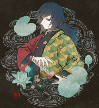 1boy black_hair black_jacket blue_eyes buttons closed_mouth commentary_request demon_slayer_uniform empty_eyes fingernails flower gold_buttons half-closed_eyes haori high_collar highres jacket japanese_clothes katana kikkoumon kimetsu_no_yaiba long_hair looking_at_viewer lotus low_ponytail male_focus omeome_ome ponytail print_haori red_haori solo spiked_hair sword tomioka_giyuu upper_body weapon