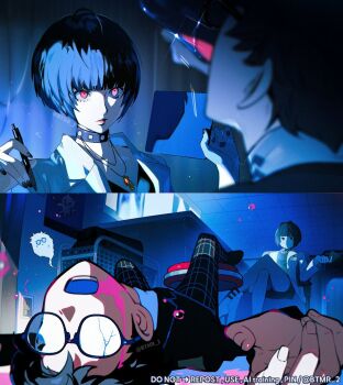 1boy 1girl amamiya_ren bare_legs black_dress black_hair black_jacket blunt_bangs blurry blurry_foreground broken_eyewear btmr_game closed_mouth coat commentary crossed_legs doctor dress drinking glasses holding holding_pen indoors jacket jewelry lab_coat long_sleeves looking_at_another lying necklace on_back open_mouth pen persona persona_5 pink_eyes school_uniform sequential short_dress short_hair shuujin_academy_school_uniform sitting studded_choker symbol-only_commentary takemi_tae upper_body white_coat