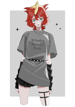 1girl absurdres ahoge belt black_skirt blonde_hair closed_mouth commentary_request detached_sleeves eyelashes freckles green_eyes grey_shirt highres kana_(kanna_runa0620) looking_at_viewer mela_(pokemon) multicolored_hair nail_polish nintendo pokemon pokemon_sv red_hair red_nails shirt short_hair skirt solo team_star two-tone_hair