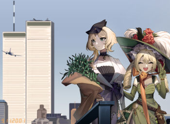 Rule 34 | 2girls, 9/11, ^ ^, absurdres, acorn pendant, afu (amzs8345), aircraft, airplane, belt, belt pouch, black hat, blonde hair, blue sky, bouquet, bow, brown belt, chinstrap, city, closed eyes, day, dress, drill hair, druvis iii, elbow gloves, fascinator, flower, gloves, green dress, green eyes, green gloves, green hat, hands up, hat, hat feather, highres, holding, holding another's arm, holding bouquet, juliet sleeves, long sleeves, low twintails, medium hair, mistletoe, multiple girls, new york city, open mouth, orange bow, outdoors, photo date watermark, picture hat, pouch, puffy sleeves, red flower, reverse:1999, sky, sleeveless, sleeveless dress, smile, sotheby, turning head, twin drills, twintails, upper body, v, watch, white dress, world trade center