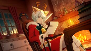 Rule 34 | 1boy, animal ears, antlers, artist request, bell, book, boots, brown boots, candle, chair, chimney, christmas, curtains, drawer, fake animal ears, feathers, feet out of frame, fire, firewood, game cg, highres, holding, holding feather, holding pen, horns, indoors, mikleo (tales), night, official alternate costume, official art, on chair, pen, purple eyes, reading, reindeer antlers, santa costume, short hair, sitting, smile, solo, table, tales of (series), tales of crestoria, tales of zestiria, third-party source, white hair, window